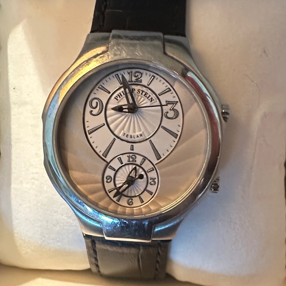 Philip Stein Silver Round Dual-Dial Watch with Black Strap